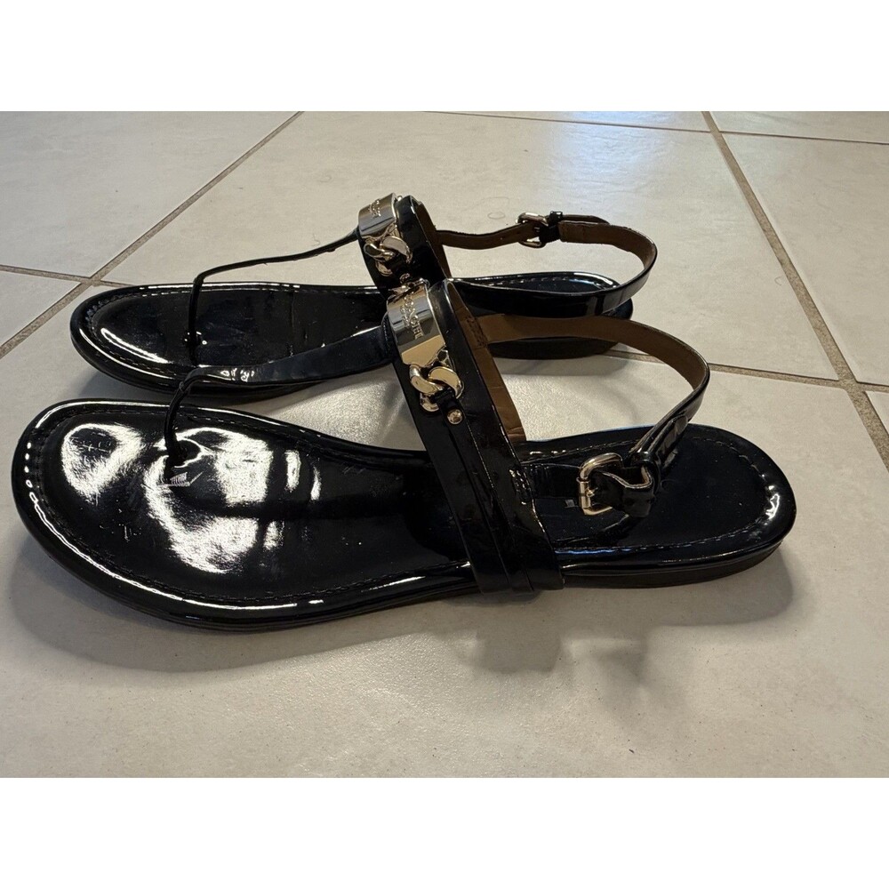 Coach Women’s Black Patent Leather T-Strap Flat Sandals 9.5B Gold Logo Buckle